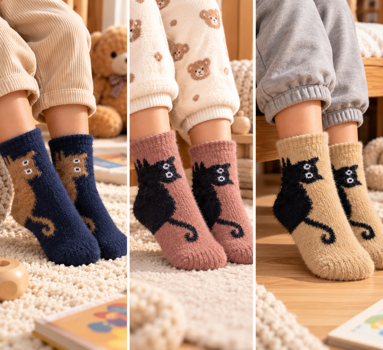 Kids Ultra-Soft Fuzzy Polyamide Cat Crew Socks - Cozy Winter Warmth -KPF07
