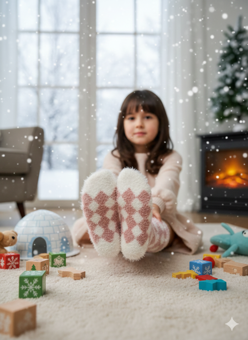 Kids Ultra-Soft Fuzzy Polyamide Check Crew Socks - Cozy Winter Warmth -KPF03