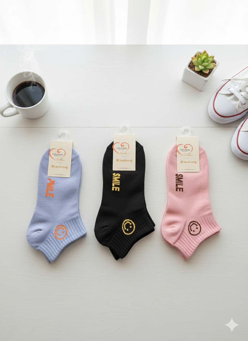 "Women’s Cotton Ankle Socks – 5-Pair Assorted SMILE| Soft, Breathable, Everyday Wear" (LAS05)
