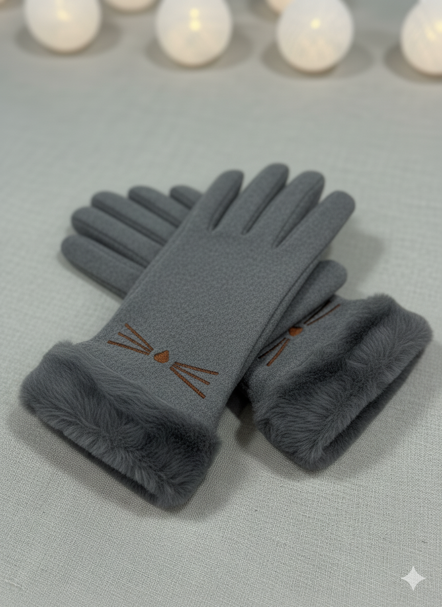 Cat Embroidered with Faux Fur Full-Finger Mittens (TouchScreen) -TSG04