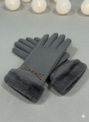 Cat Embroidered with Faux Fur Full-Finger Mittens (TouchScreen) -TSG04
