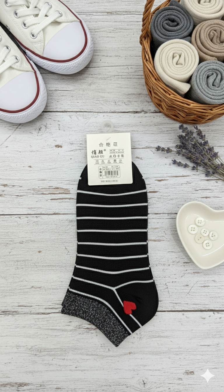 "Women’s Cotton Ankle Socks – 5-Pair Assorted Black Glitter| Soft, Breathable, Everyday Wear" (LAS07)