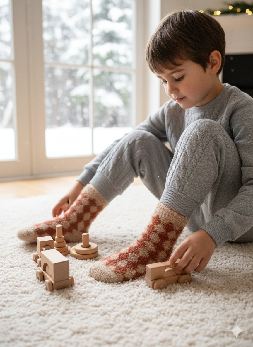 Kids Ultra-Soft Fuzzy Polyamide Check Crew Socks - Cozy Winter Warmth -KPF03