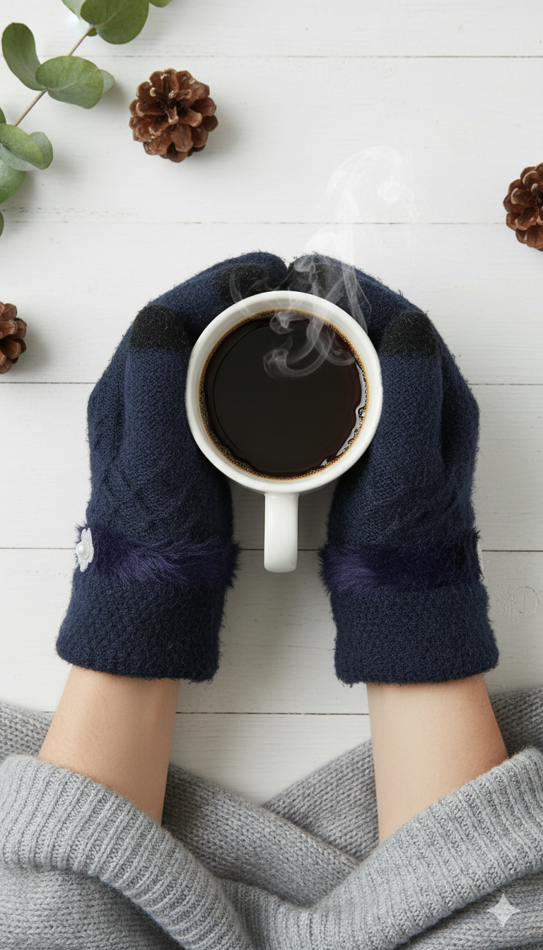 Ladies Full-Finger Mittens with fur & bead -TSG08