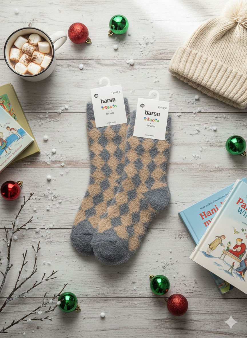 Kids Ultra-Soft Fuzzy Polyamide Check Crew Socks - Cozy Winter Warmth -KPF03