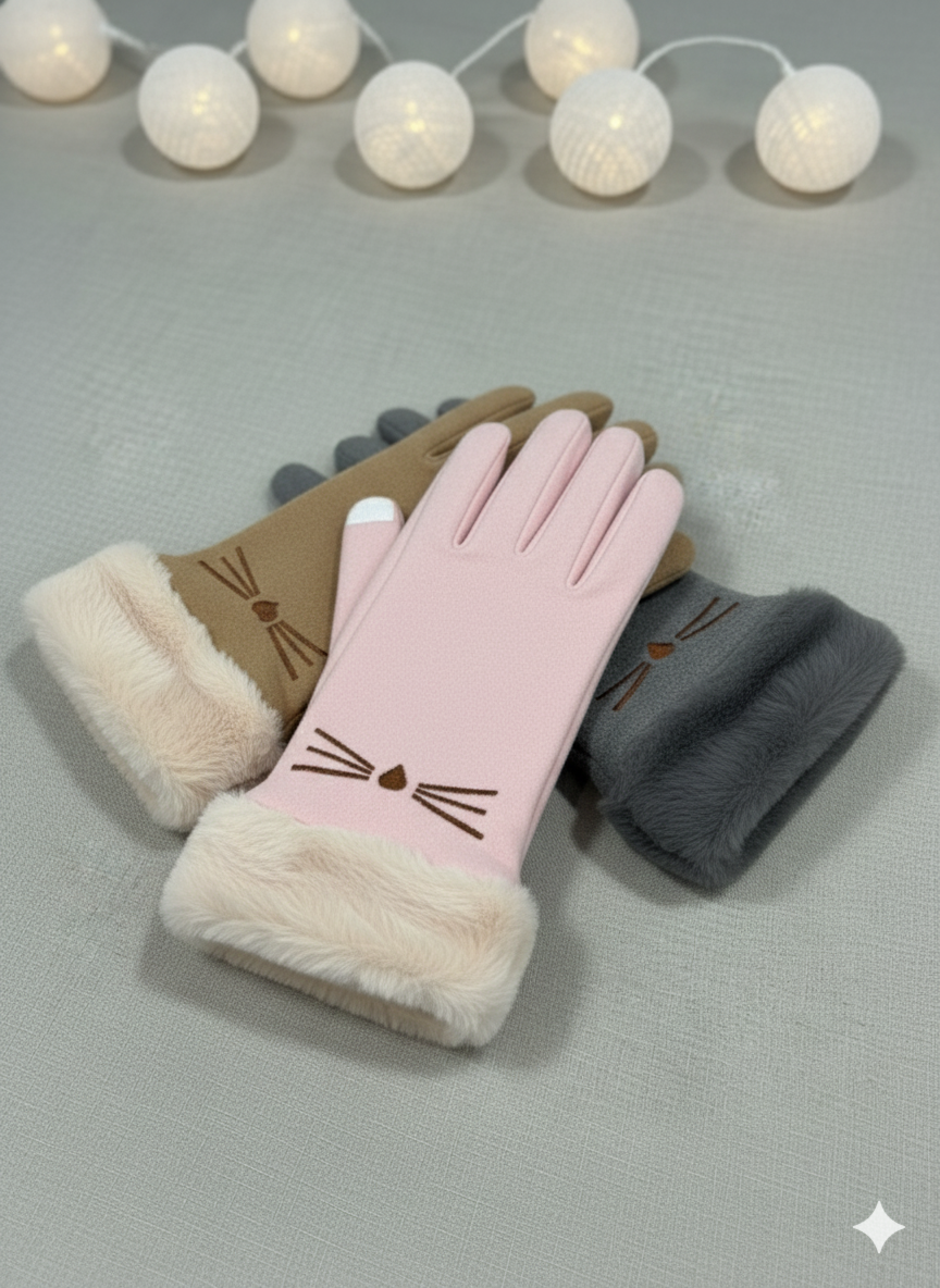 Cat Embroidered with Faux Fur Full-Finger Mittens (TouchScreen) -TSG04