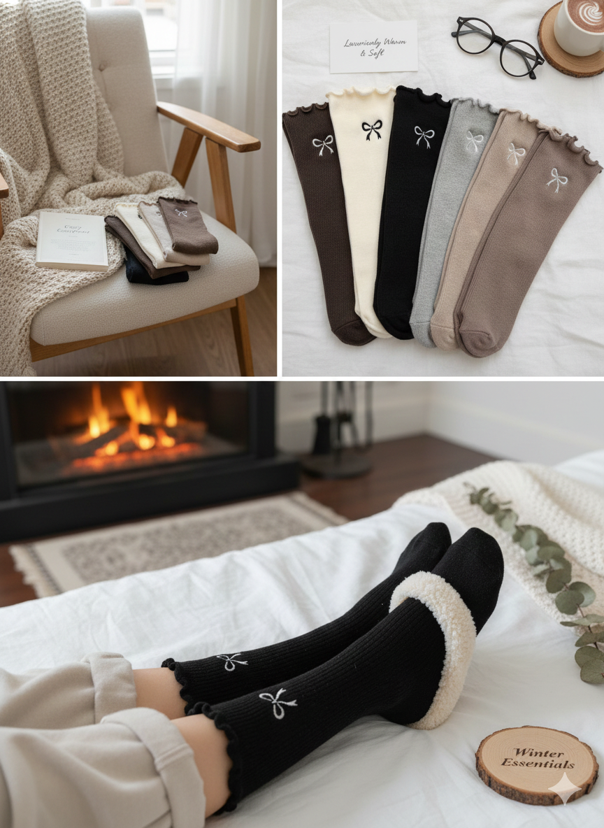 Ladies Soft Fleece Lined Socks (Embroidered Bow)