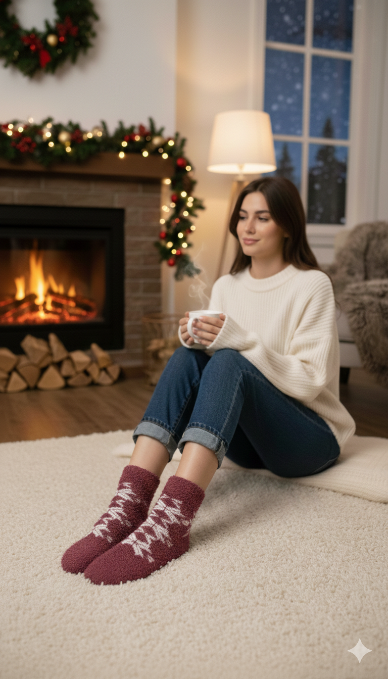 Ultra-Soft Fuzzy Polyamide Stair Pattern Ankle Socks - Cozy Winter Warmth -PF17