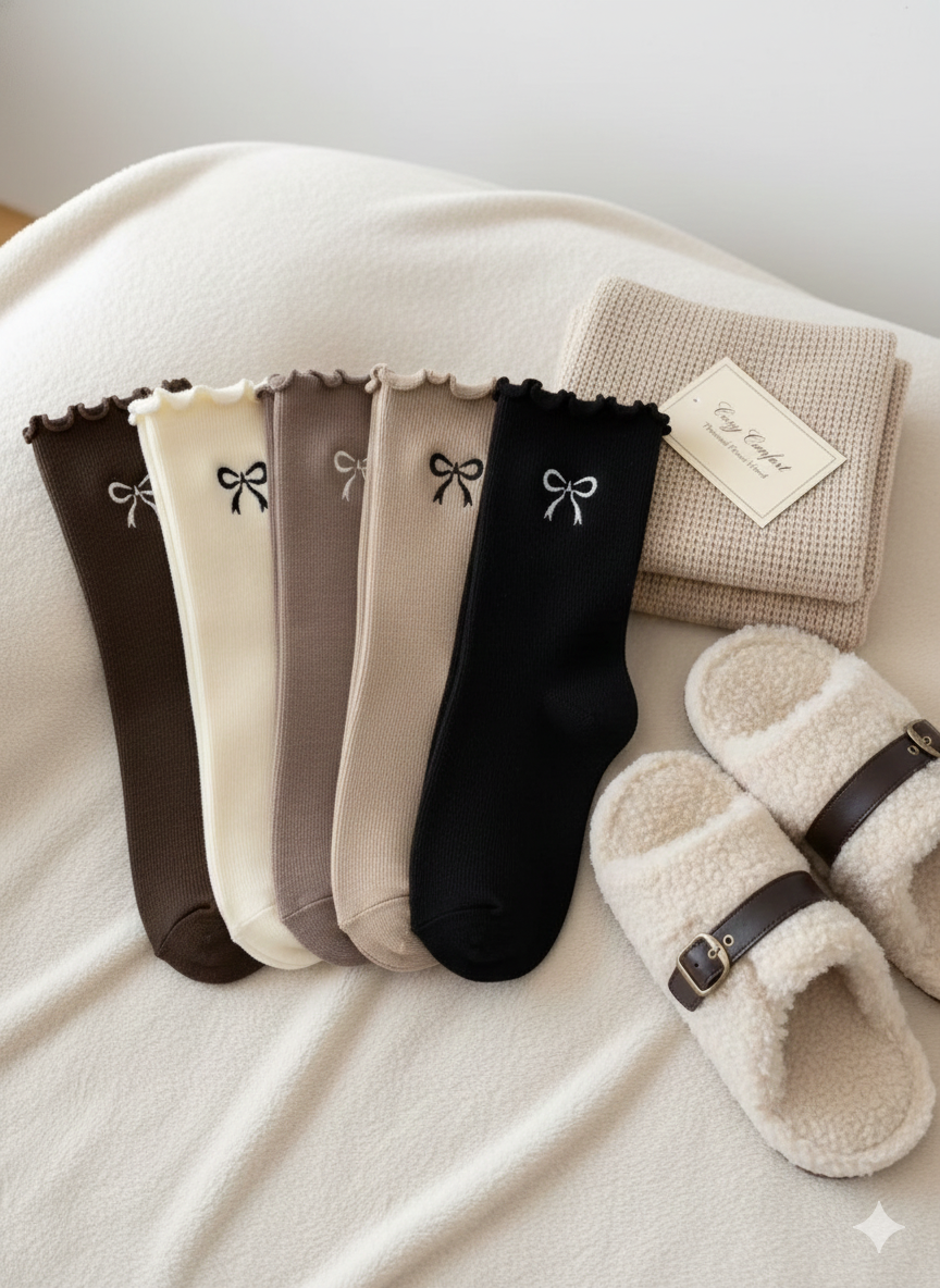 Ladies Soft Fleece Lined Socks (Embroidered Bow)