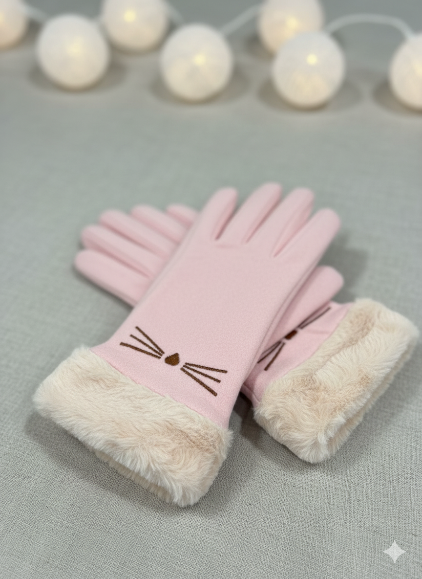 Cat Embroidered with Faux Fur Full-Finger Mittens (TouchScreen) -TSG04