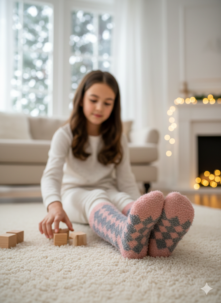 Kids Ultra-Soft Fuzzy Polyamide Check Crew Socks - Cozy Winter Warmth -KPF03