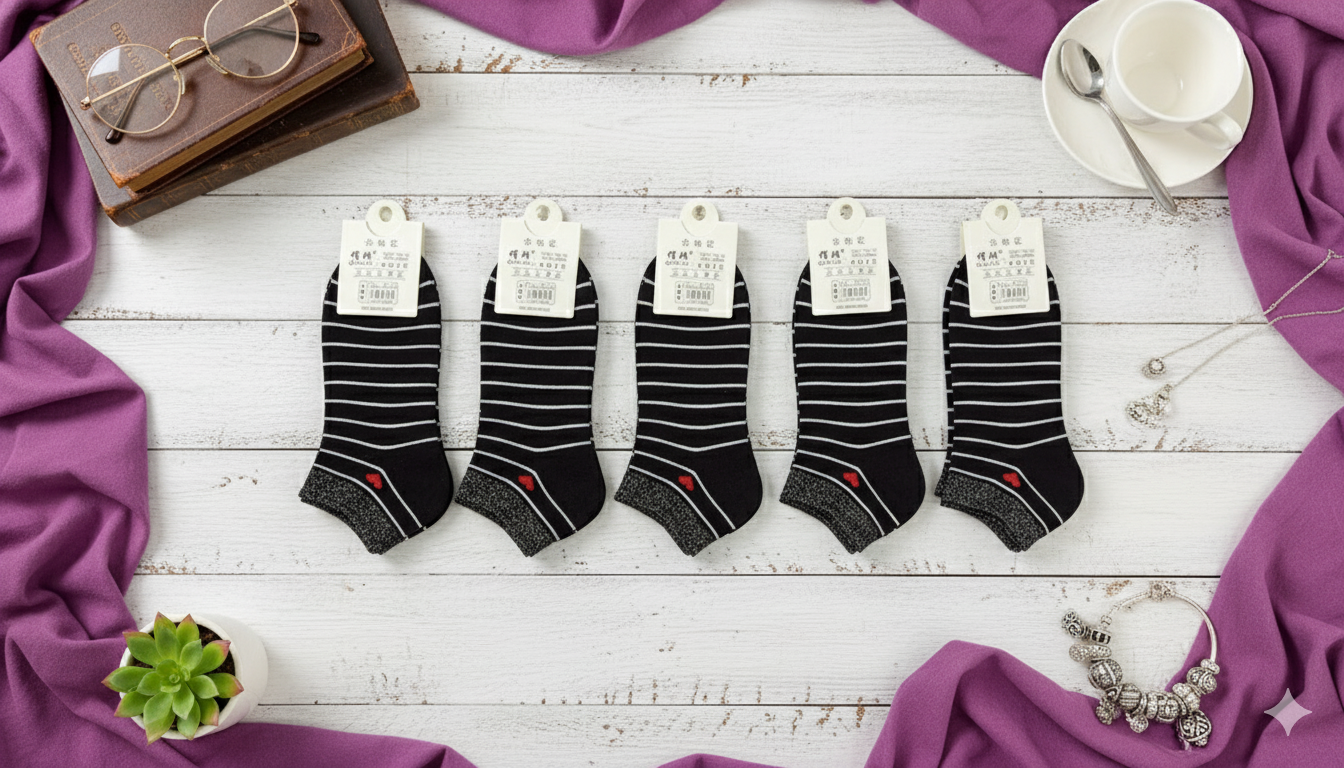 "Women’s Cotton Ankle Socks – 5-Pair Assorted Black Glitter| Soft, Breathable, Everyday Wear" (LAS07)