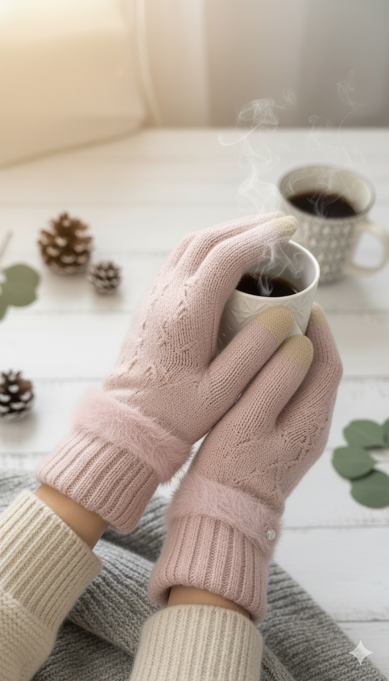 Ladies Full-Finger Mittens with fur & bead -TSG08