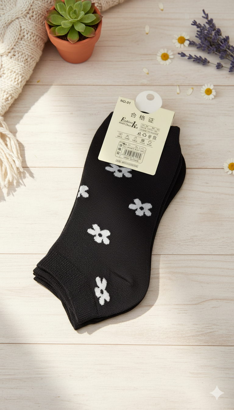 "Women’s Cotton Ankle Socks – 5-Pair Assorted Black Floral | Soft, Breathable, Everyday Wear" (LAS01)