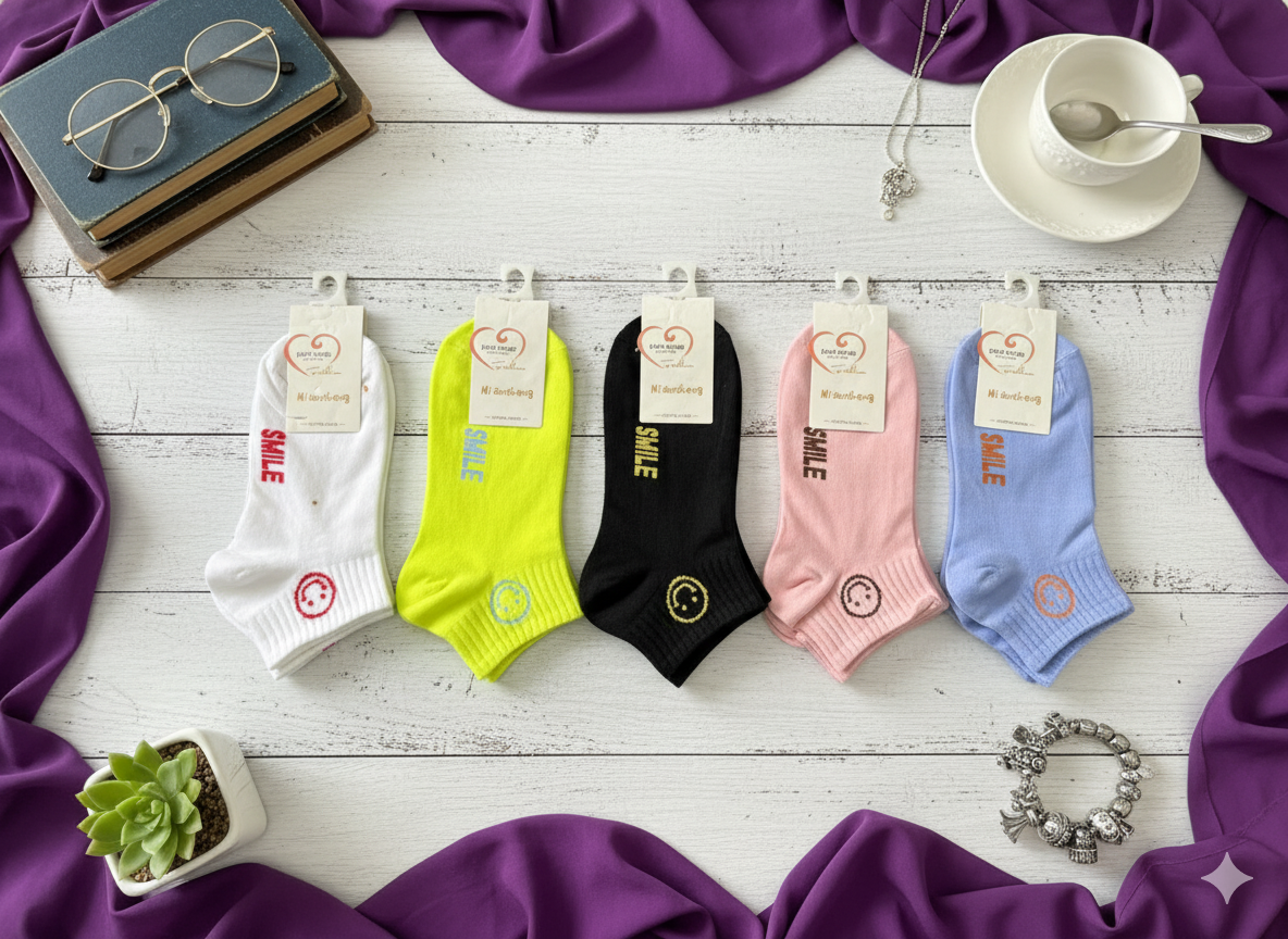 "Women’s Cotton Ankle Socks – 5-Pair Assorted SMILE| Soft, Breathable, Everyday Wear" (LAS05)