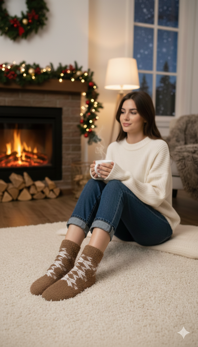 Ultra-Soft Fuzzy Polyamide Stair Pattern Ankle Socks - Cozy Winter Warmth -PF17