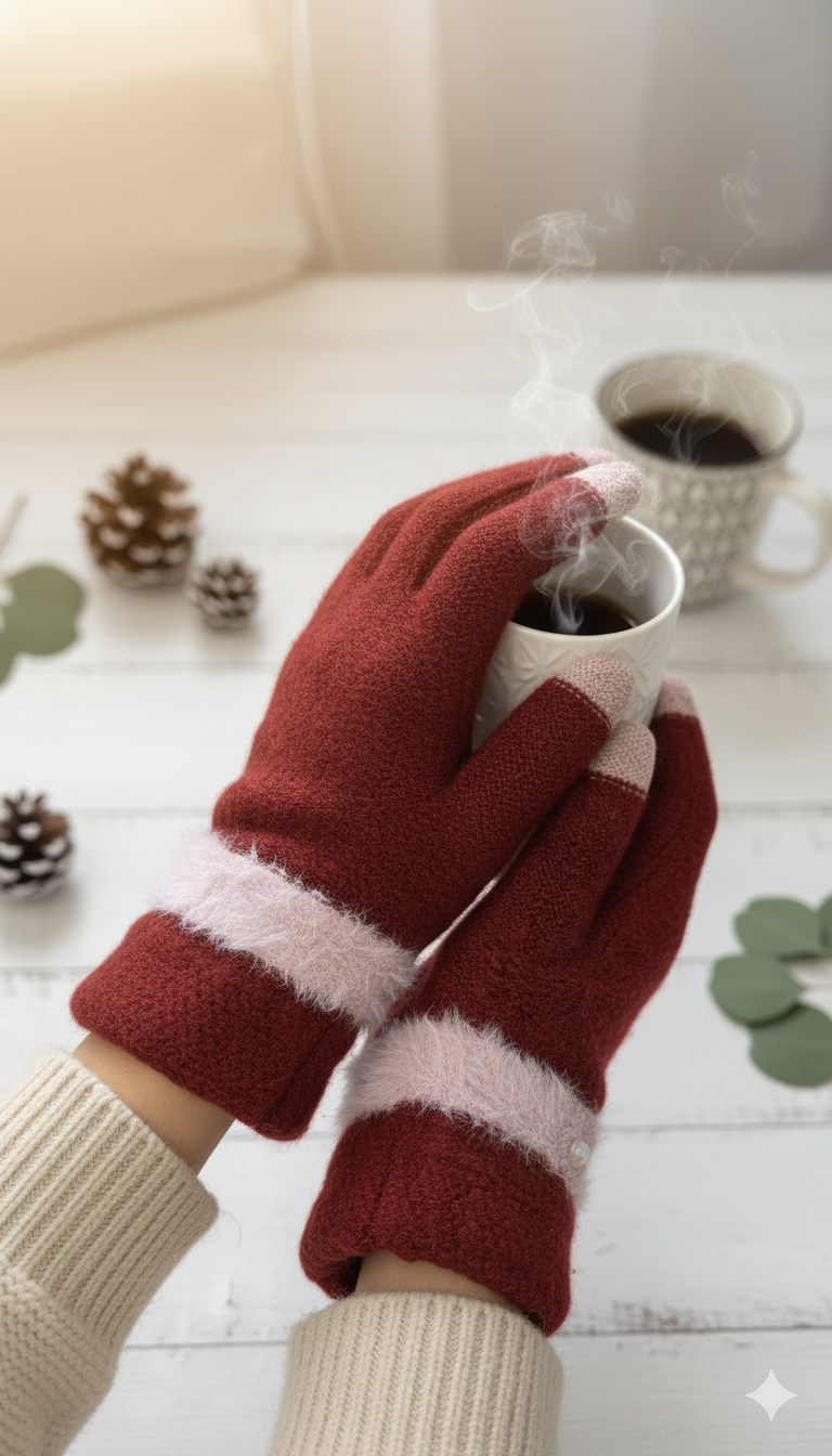 Ladies Full-Finger Mittens with fur & bead -TSG08