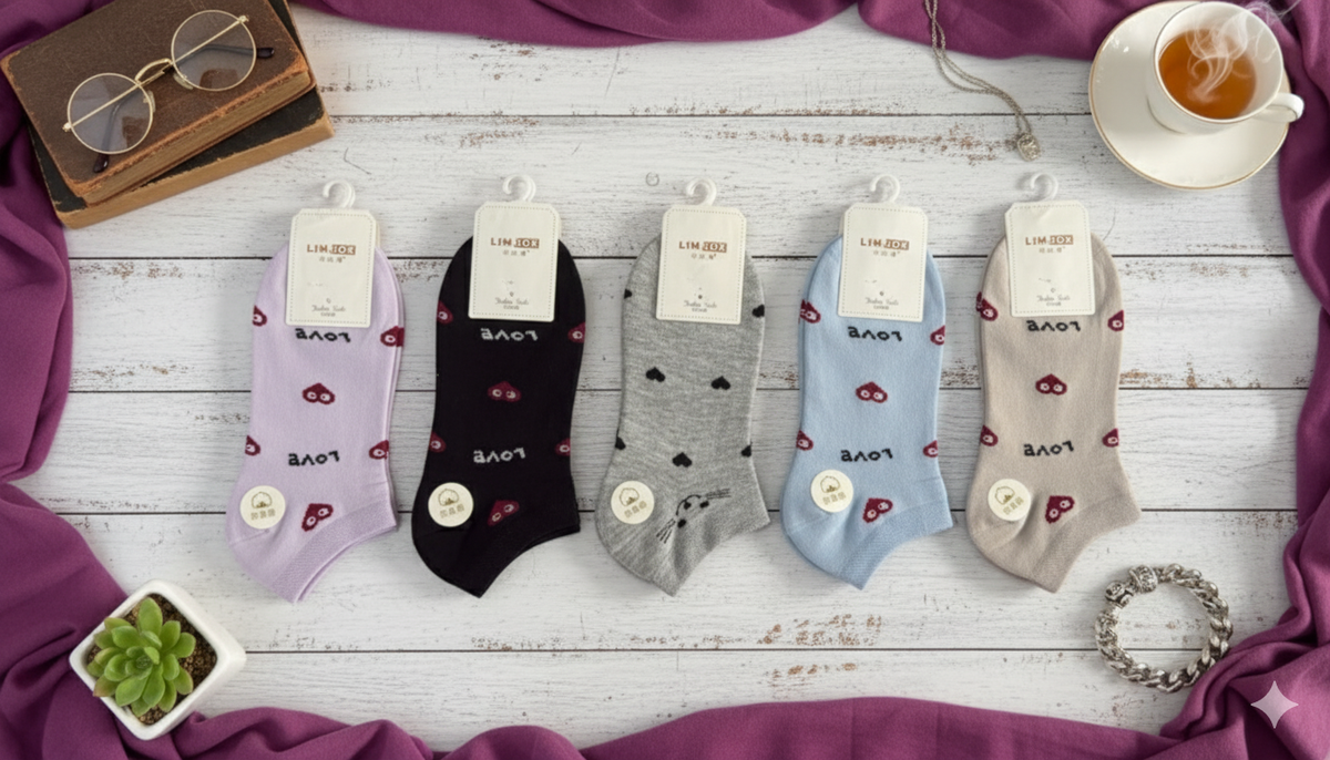 "Women’s Cotton Ankle Socks – 5-Pair Assorted Cat Love| Soft, Breathable, Everyday Wear" (LAS12)