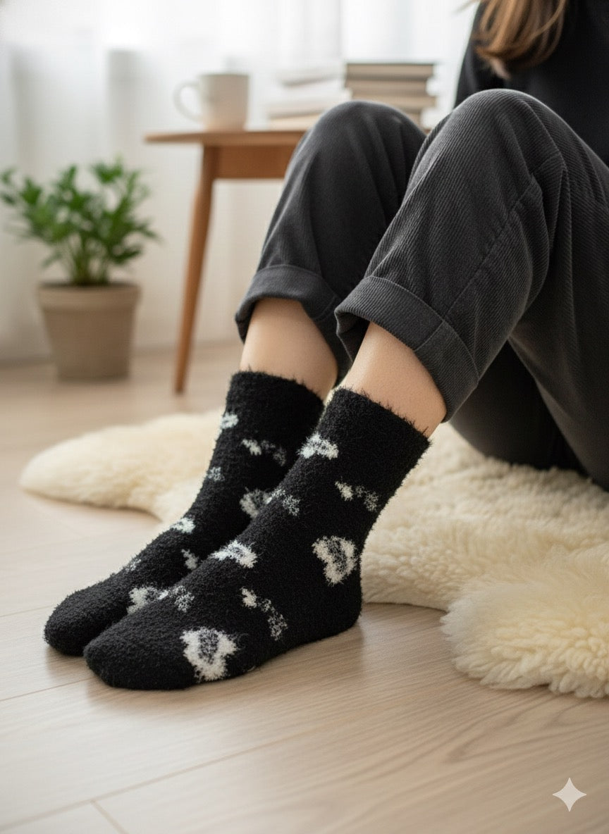 Ultra-Soft Fuzzy Polyamide Heart pattern Crew Socks - Cozy Winter Warmth -06