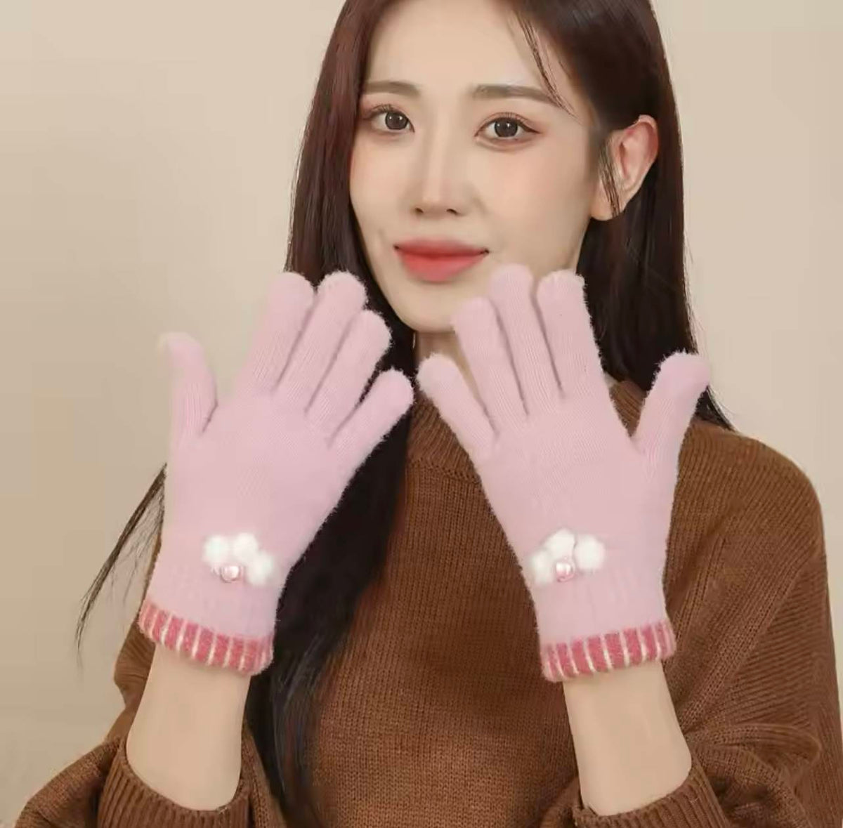 Ladies KeyCrown Full-Finger Mittens with beads (TouchScreen Gloves)