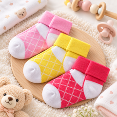 Baby Soft Cotton Socks – 3 Pairs Pack | Cute Argyle Design | 0–12 Months