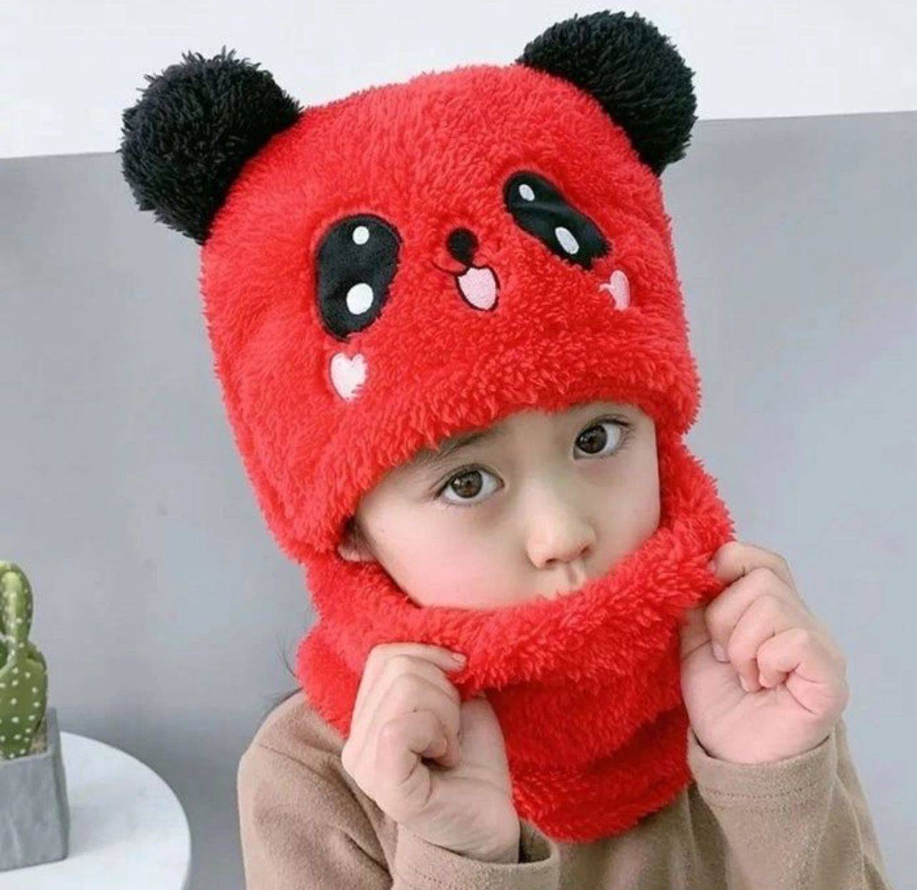 Warm Plush Panda Cap with Neck Warmer-Kids