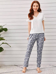 White and Grey printed Pyjama cotton jersey Pj Set