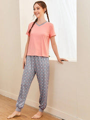 Pink and grey dotted trouser cotton jersey Pj set