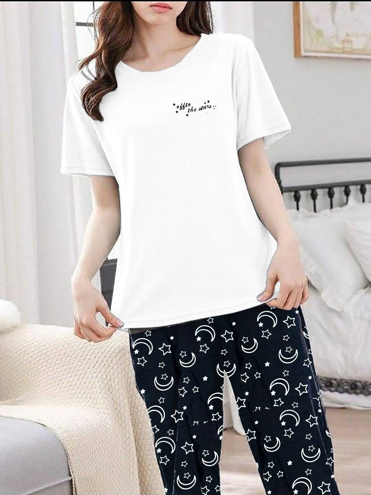 Off to stars with moon printed trouser Pj set