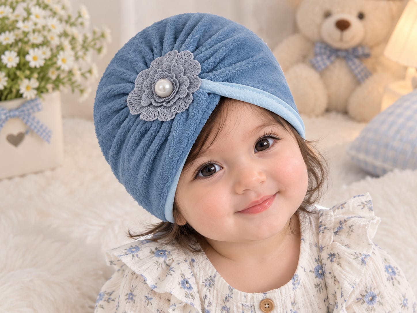 Baby Girl Turban Hats with Lace Flower & bead -Fleece Material