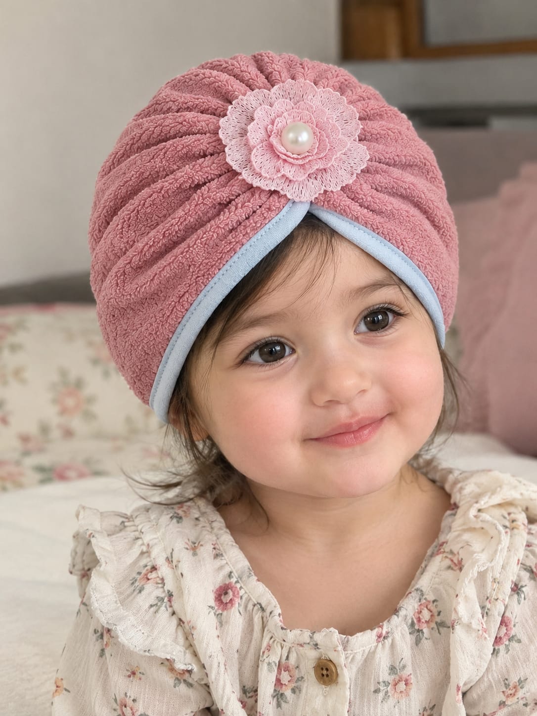 Baby Girl Turban Hats with Lace Flower & bead -Fleece Material