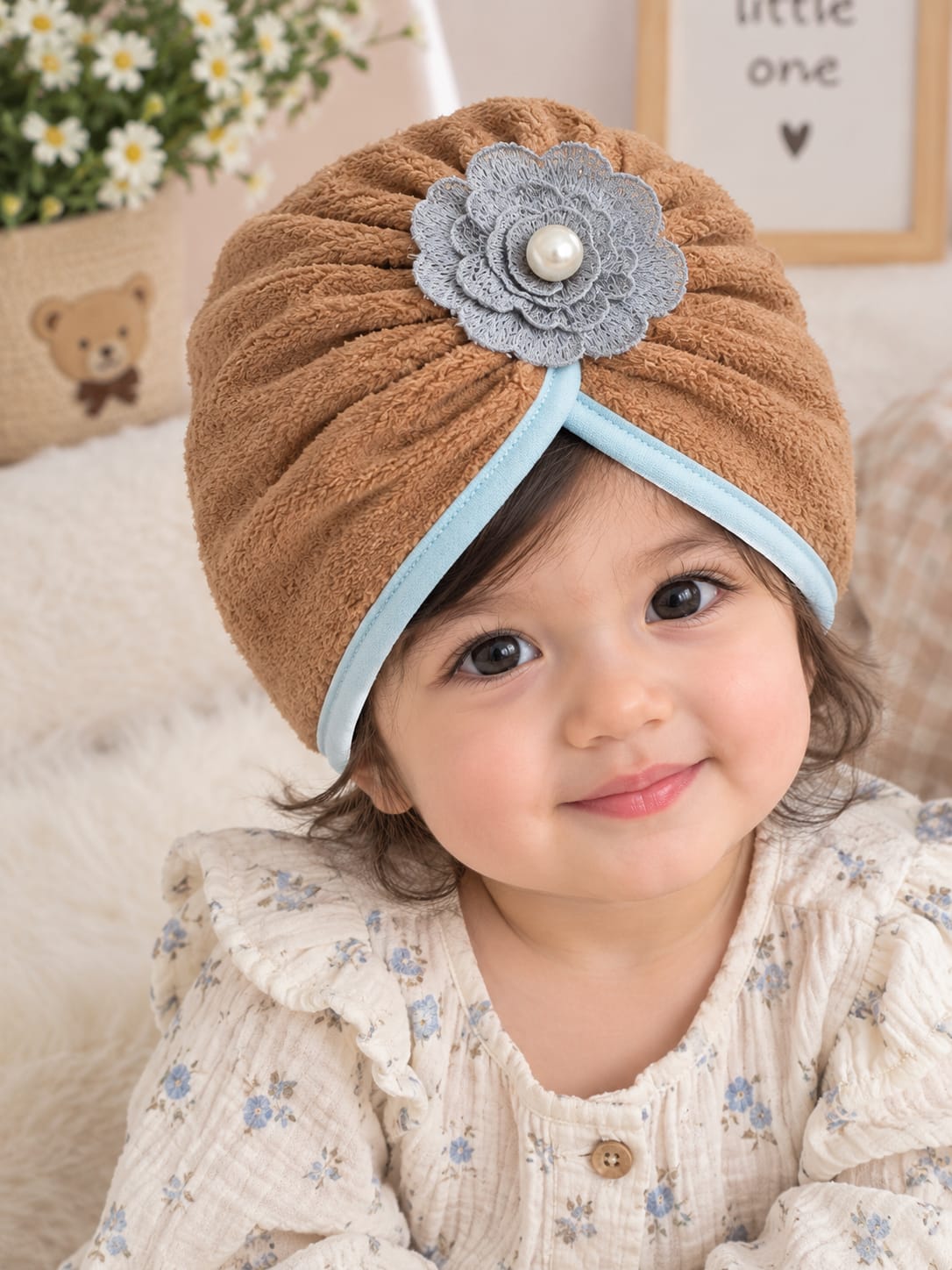 Baby Girl Turban Hats with Lace Flower & bead -Fleece Material