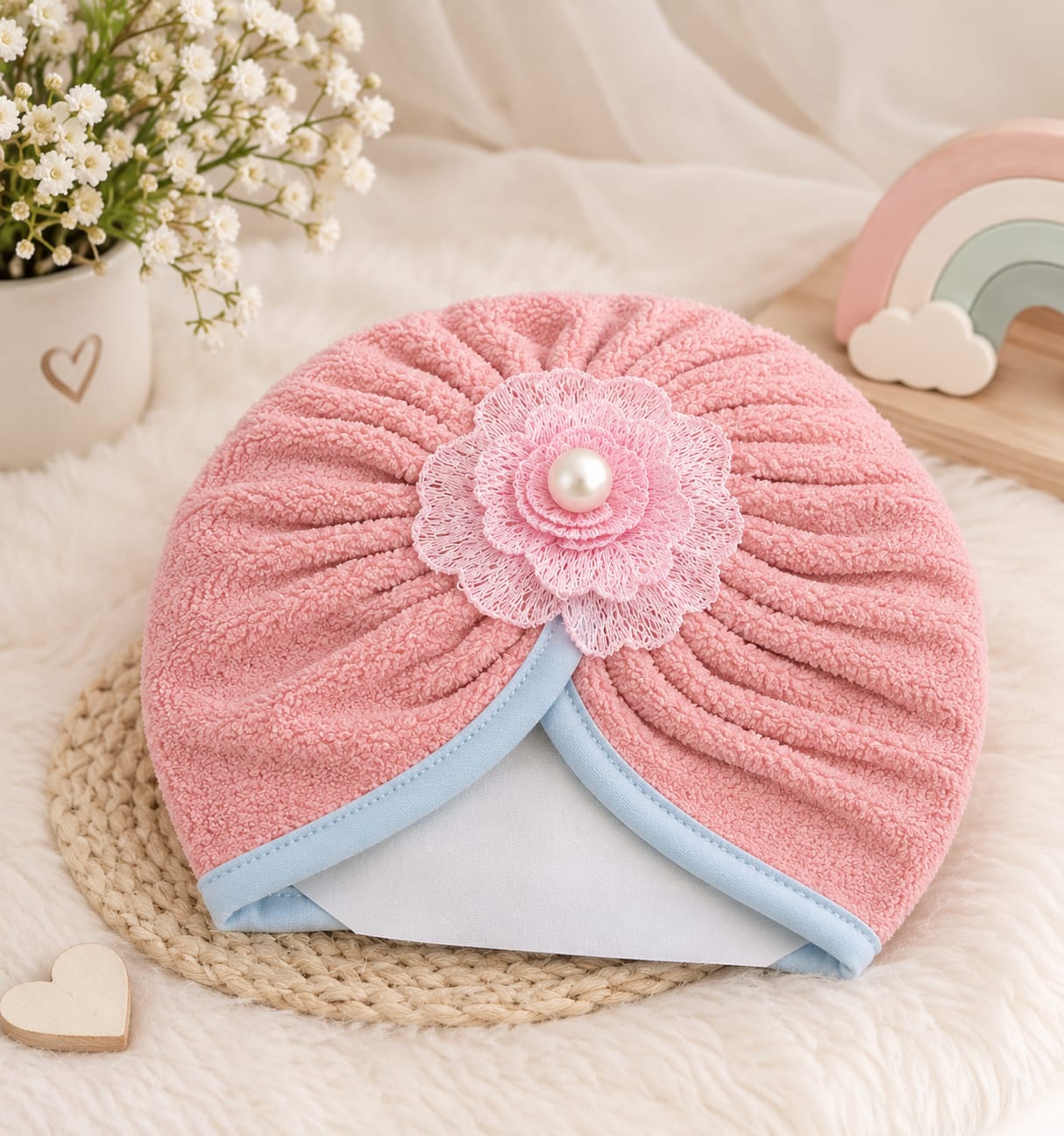 Baby Girl Turban Hats with Lace Flower & bead -Fleece Material