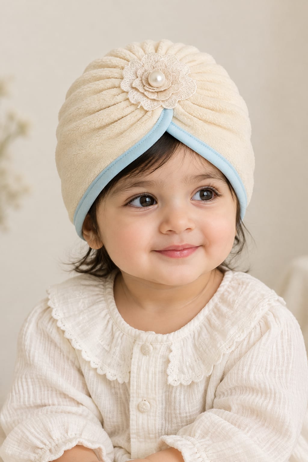 Baby Girl Turban Hats with Lace Flower & bead -Fleece Material