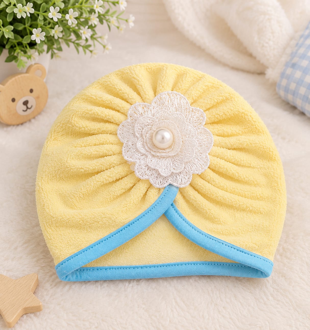 Baby Girl Turban Hats with Lace Flower & bead -Fleece Material