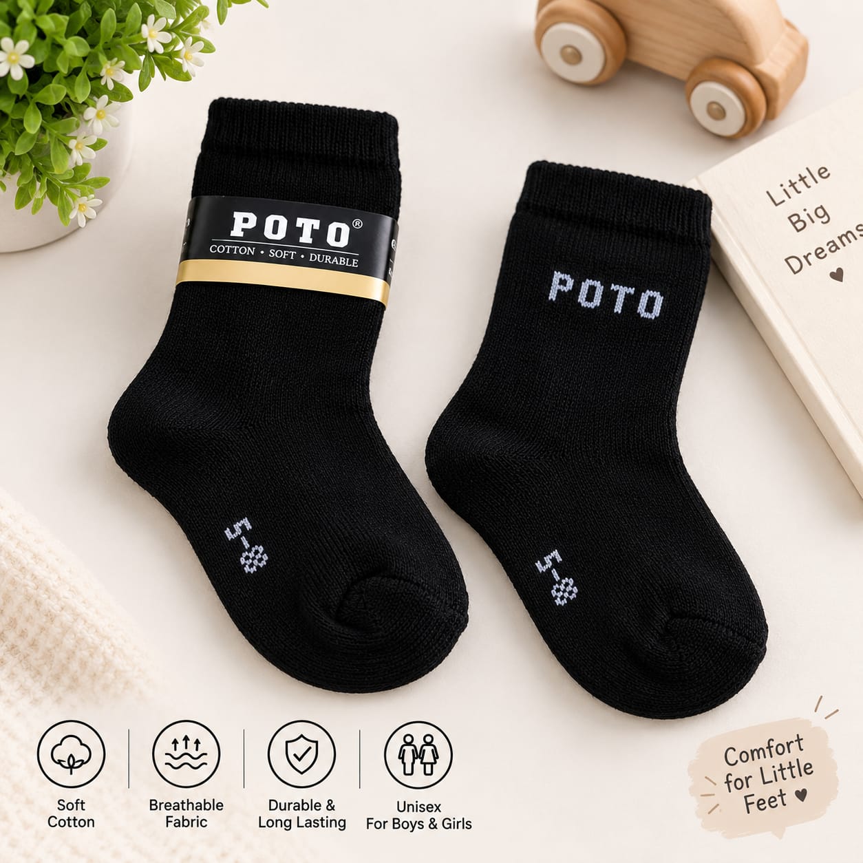 Set of 4 Pairs Kids Black Unisex School cotton Socks