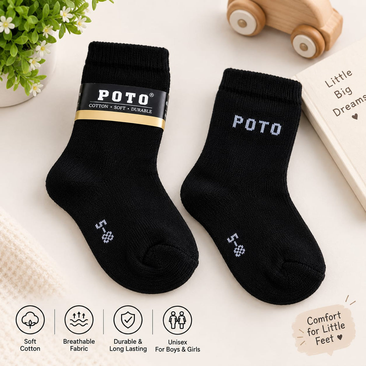 Set of 4 Pairs Kids Black Unisex School cotton Socks