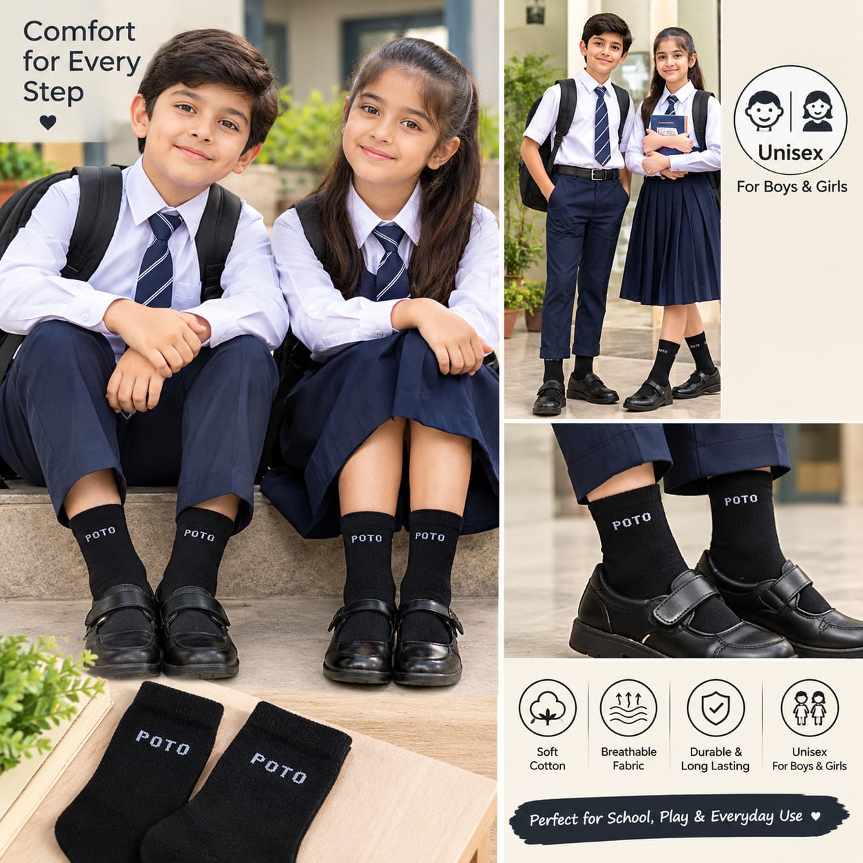 Set of 4 Pairs Kids Black Unisex School cotton Socks