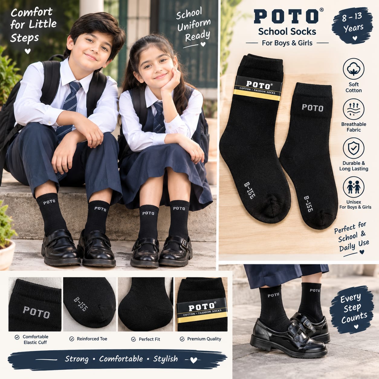 Set of 4 Pairs Kids Black Unisex School cotton Socks